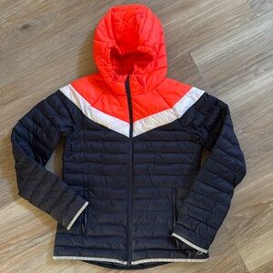 GAP FIT Puffer Jacket Primaloft Aerofast Hoodie Women’s Size S Blue/Orange/White
